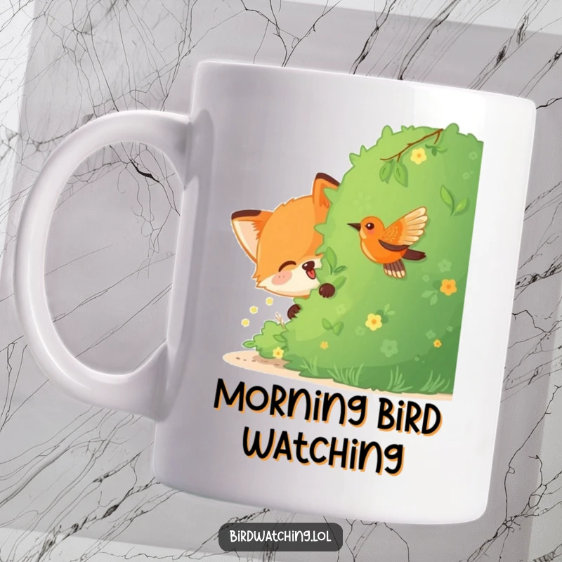 Funny Fox Mug: A joyful fox peeking from behind a bush, intently watching a nearby bird with playful curiosity.