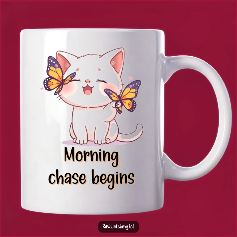 Funny Cat Butterfly Mug: Giggling Cat Chases Colorful Insect