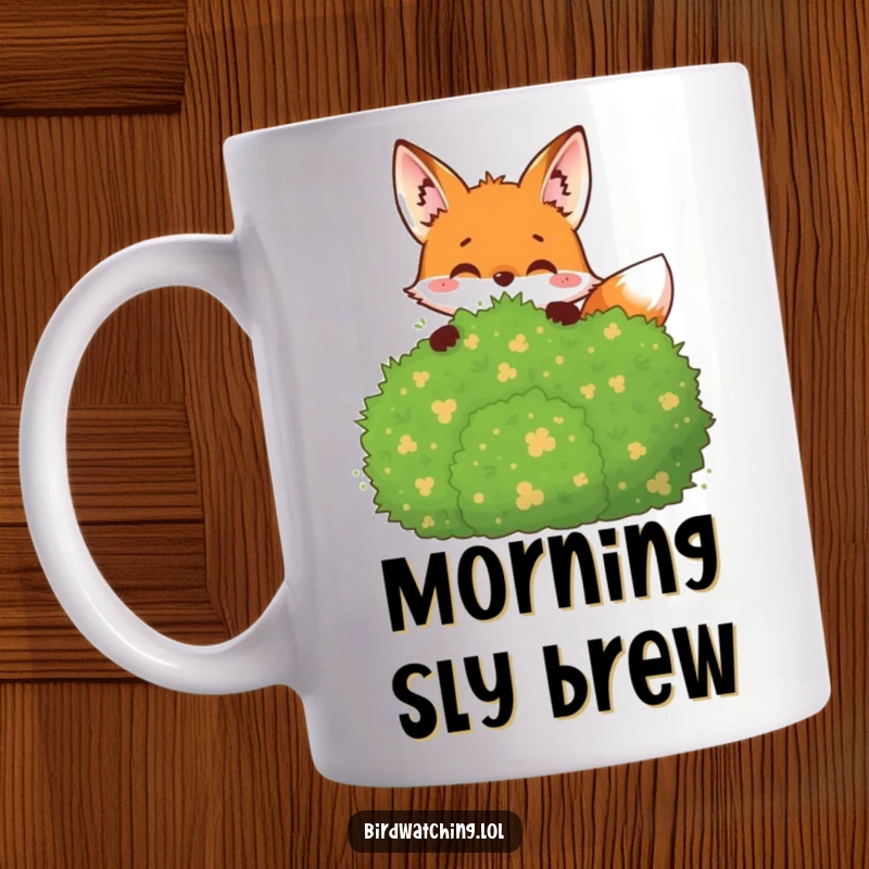 Funny Mug: A joyful fox peeking slyly from behind a bush, observing the world below.