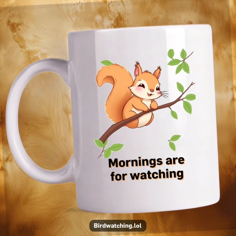 Funny squirrel mug, cheerfully perched on a branch, observing surroundings with curious eyes. Great gift.