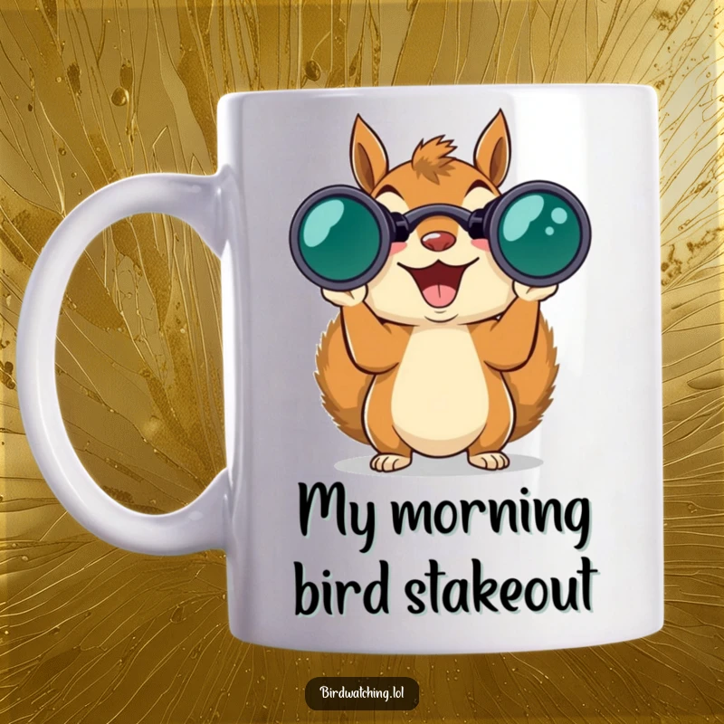 Funny squirrel with big binoculars, excitedly spying on something in the distance, perfect wildlife observer mug.