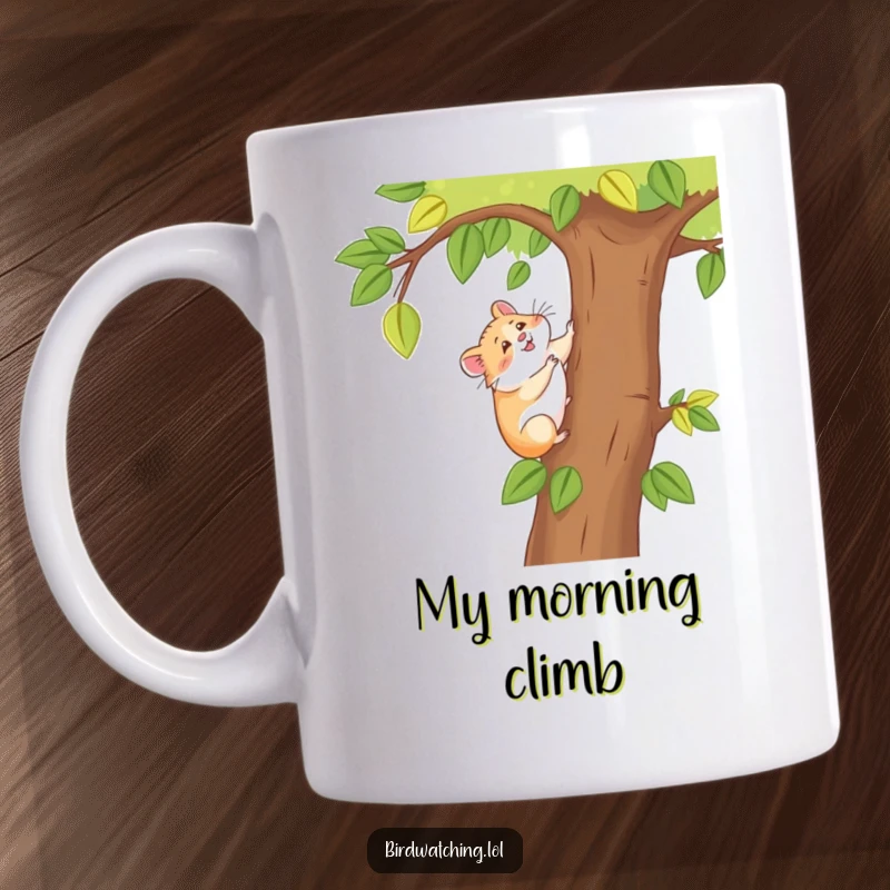 Funny happy hamster mug, a cheerful hamster climbing a tall tree trunk, enjoying a scenic view, full of glee.