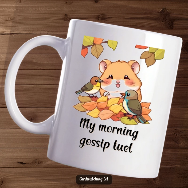 Funny mug with a giggling hamster peeking over fallen leaves at a surprised bird, capturing a moment of woodland mischief and joy.