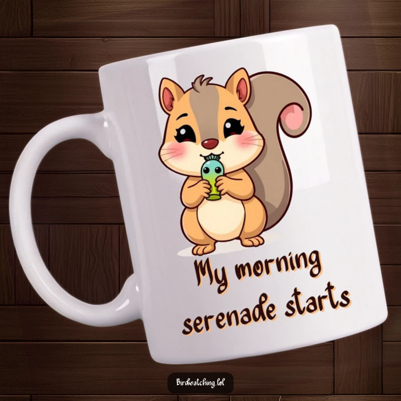 Funny Squirrel Mug: A cheerful squirrel playfully holds a tiny bird whistle, ready to make some noise. Perfect gift.