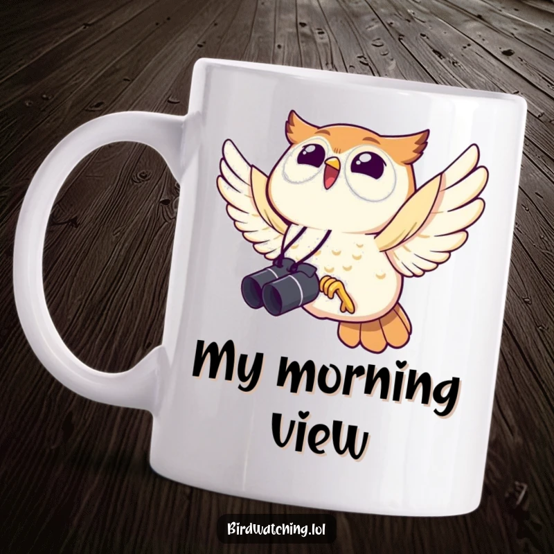 Funny owl mug with binoculars, joyfully flying high, embodying a passionate bird watcher's spirit with a comical twist.