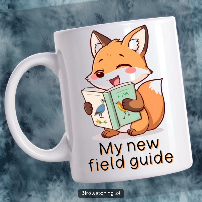Funny mug with a giggling fox excitedly holding a bird identification book, showcasing pure glee and a love for ornithology.