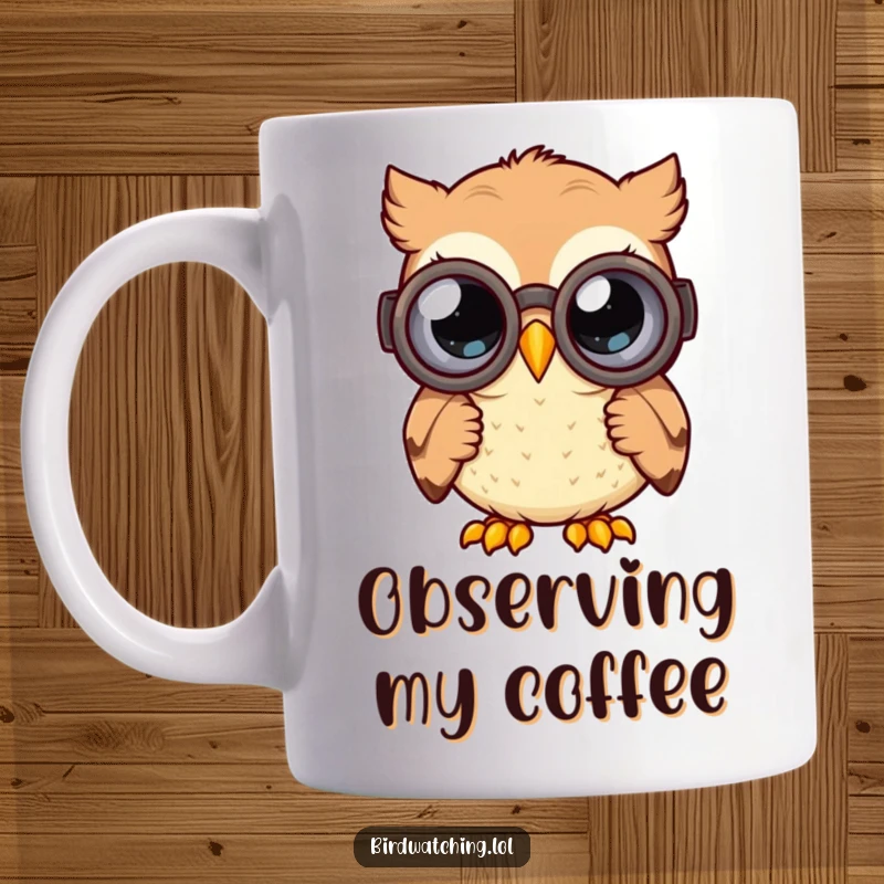 Funny curious owl mug with a happy owl peering through binoculars with wide, curious eyes, a humorous gift.