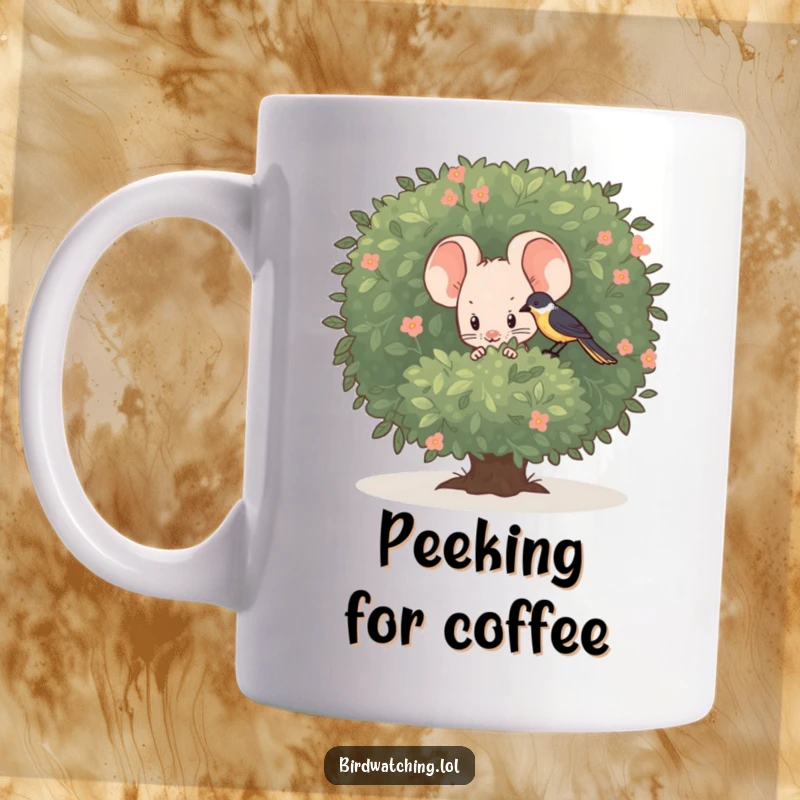 Funny shy mouse mug, peeking from a bush, observing a bird with curiosity and a touch of timidity.