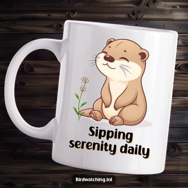 Funny content otter mug, sitting peacefully, observing flower, calm and content, perfect gift for nature lovers.