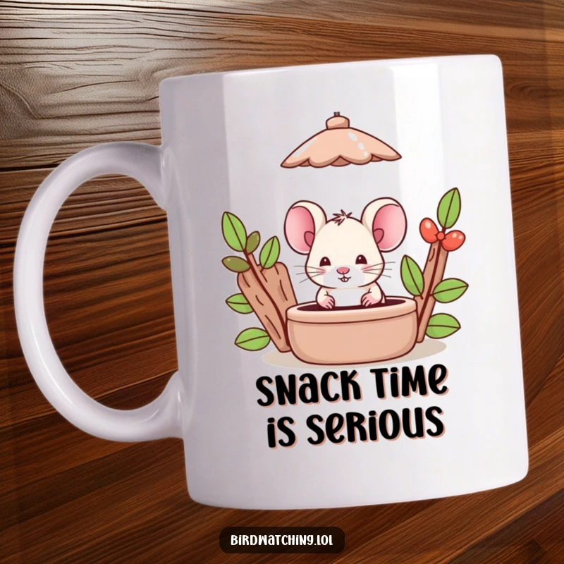 Funny Mouse Mug: A silly mouse is hiding behind a bird feeder, peeking out playfully. Great gift.