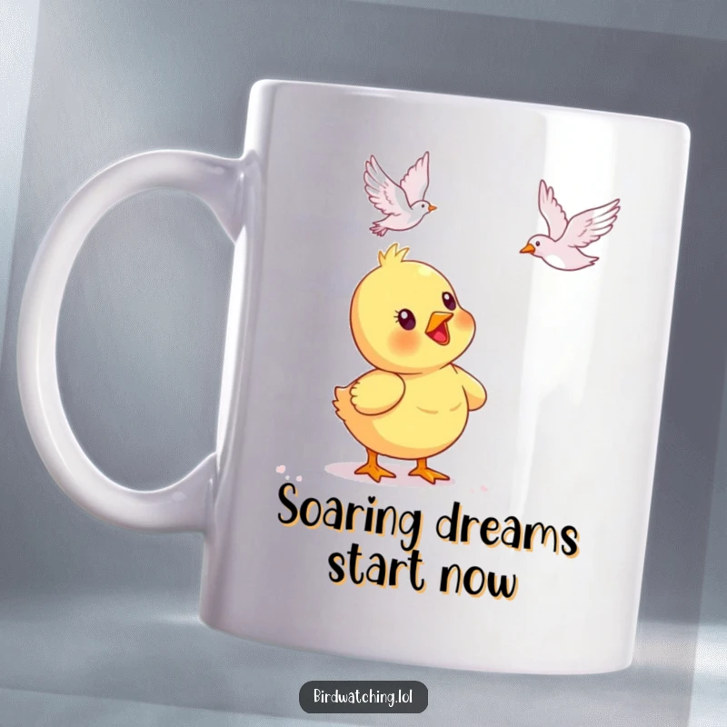 Funny duckling mug, delighted and watching a bird fly overhead with wonder. Adorable animal design. Great gift.
