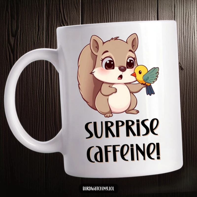 Funny mug featuring a surprised squirrel with wide eyes spotting a colorful bird, capturing a moment of unexpected wonder.