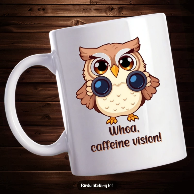 Funny Owl Mug with surprised, wide eyes peering through binoculars, a delightful and humorous avian adventure.