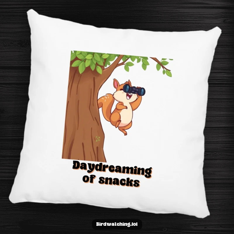 Funny Leaping Squirrel Pillow: A soft and humorous cushion depicting a joyful squirrel leaping with binoculars, perfect for cozy adventures.