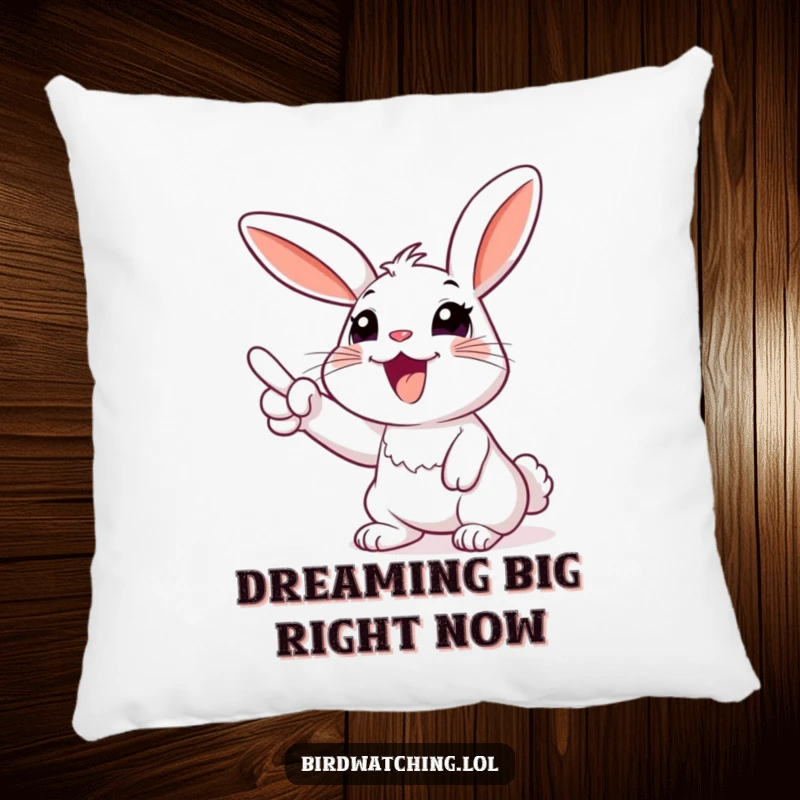 Funny rabbit throw pillow, happily pointing towards the sky, exuding excitement and delight. Soft and decorative.