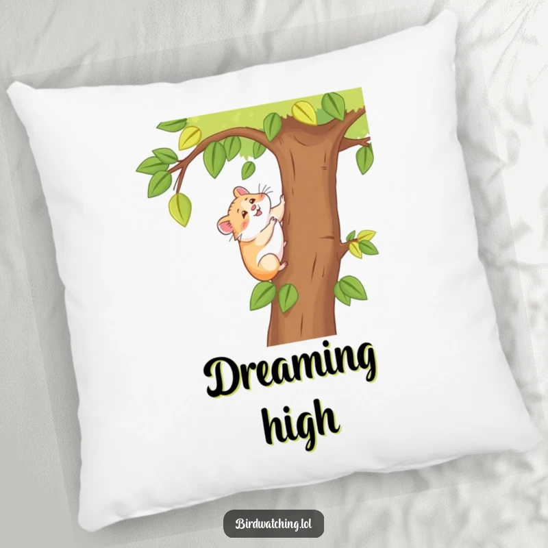 Funny happy hamster pillow, a soft cushion depicting a hamster happily climbing a tree, ideal for comfort.