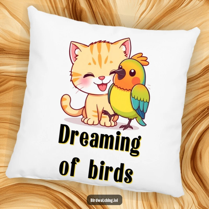 Funny happy cat trying to sneak up on a colorful bird, soft and humorous decorative pillow.