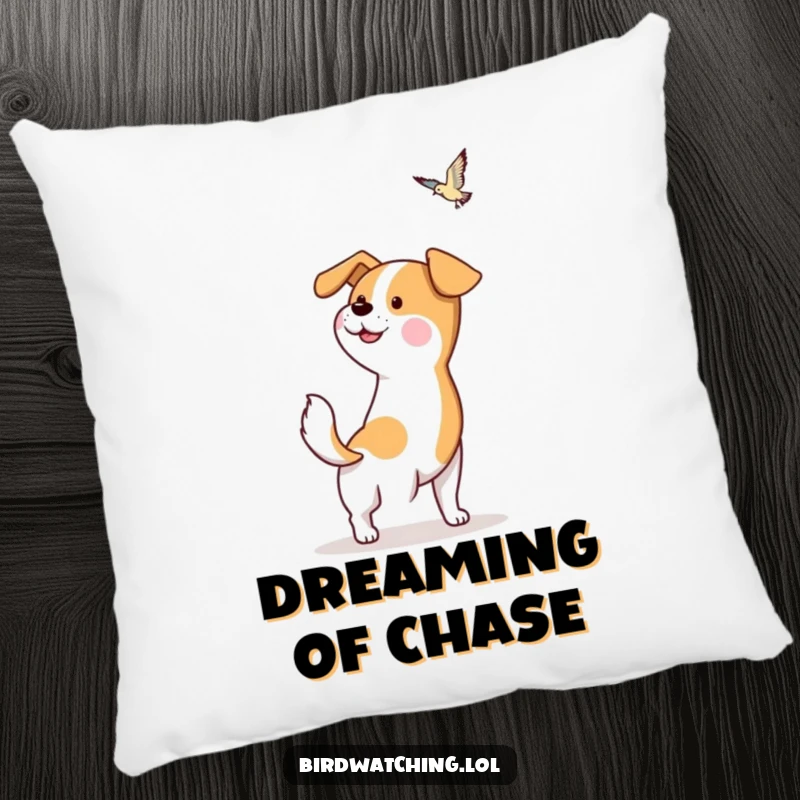 Funny Dog Pillow: Hopeful dog character wagging its tail, spotting a bird, perfect for cozy joy. Cute.