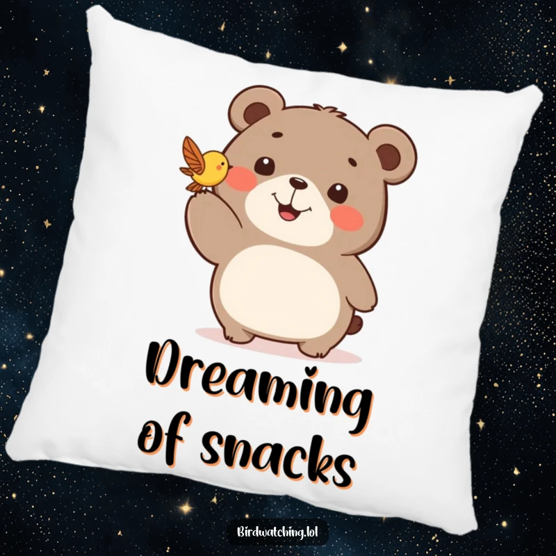 Funny decorative pillow featuring a happy bear pointing excitedly at a fluttering bird, full of wonder.