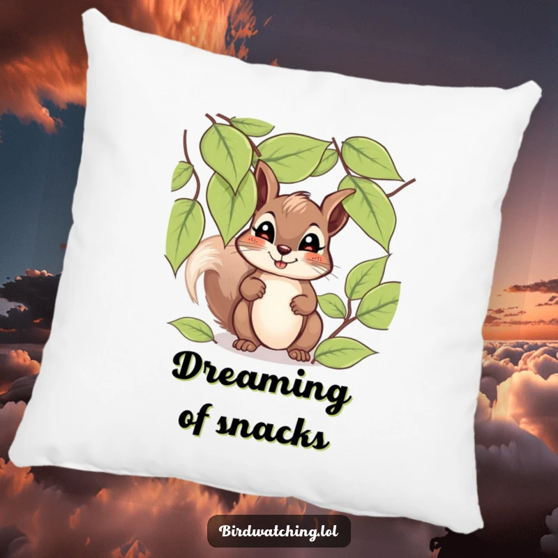 Funny giggling squirrel pillow featuring a happy squirrel peeking through leaves with a hopeful expression, perfect for cozy decor.