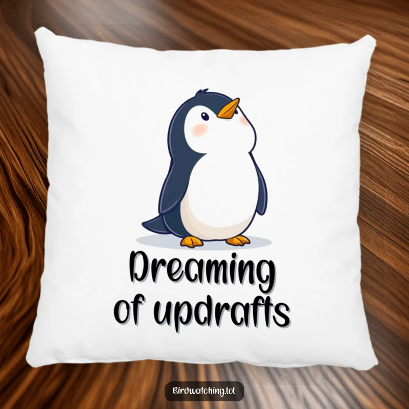 Funny pillow featuring a wobbly penguin looking up at the sky with wonder, providing comfort and a touch of charming, whimsical decor.