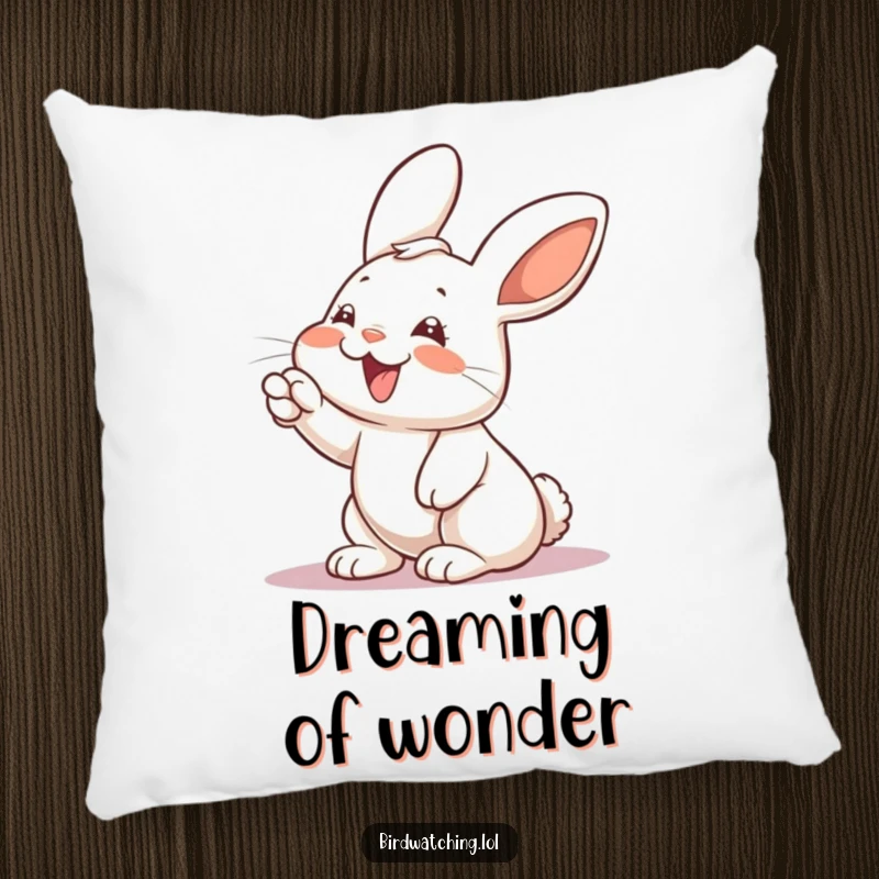 Funny rabbit pillow, giggling and pointing excitedly, a soft and humorous decorative piece for amusement.