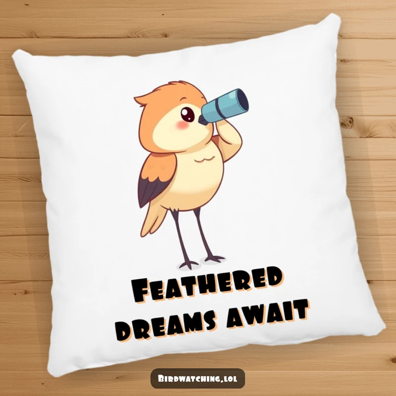 Funny bird watcher pillow, determinedly surveying the horizon, a soft and humorous decorative piece.