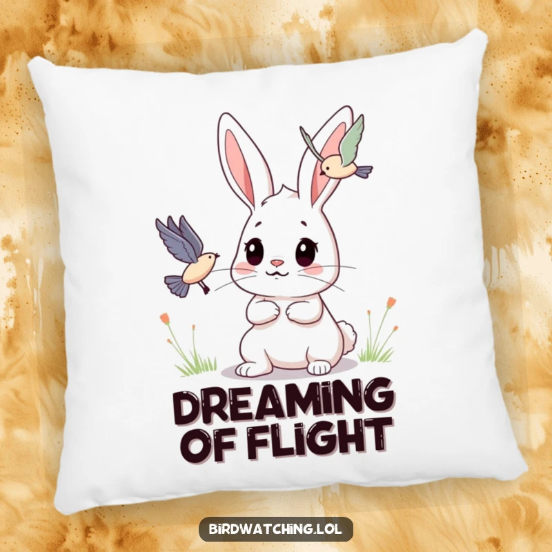 Funny Bunny Pillow: Determined bunny character observing a flying creature, perfect for cozy focus. Cute.