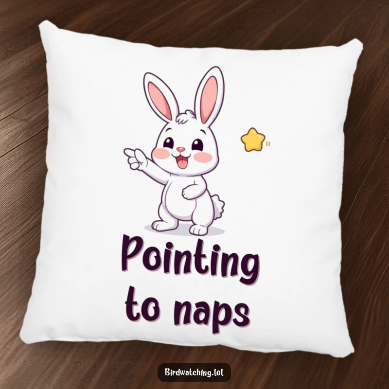Funny pillow featuring a cheerful bunny pointing excitedly, designed for comfort and joy, a soft and humorous addition to any room.