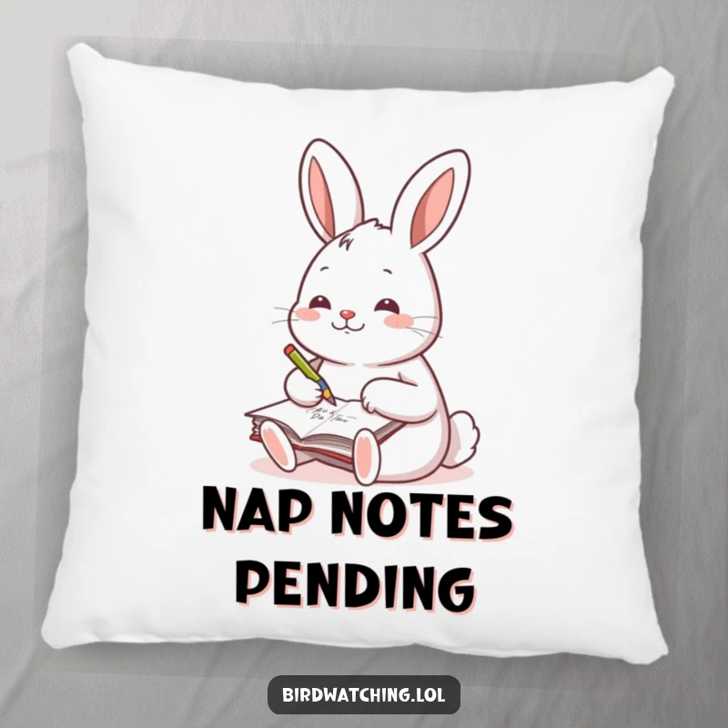 Funny pillow with a cheerful rabbit writing in a journal, adding comfort and humor to a writer's space.