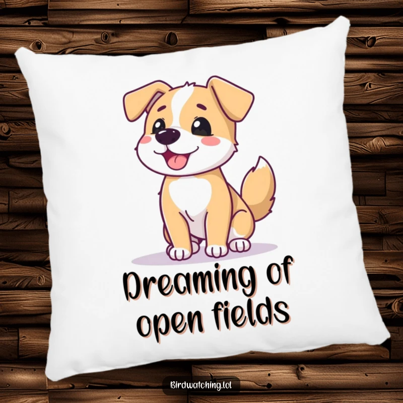 Funny dog pillow, beaming dog wagging tail, scanning horizon, soft and cheerful, great funny gift.