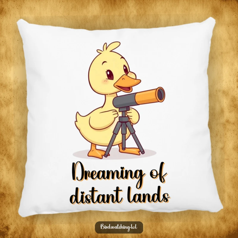 Funny duck telescope pillow, wobbly duck balancing, soft and humorous, scientific curiosity, great funny gift.