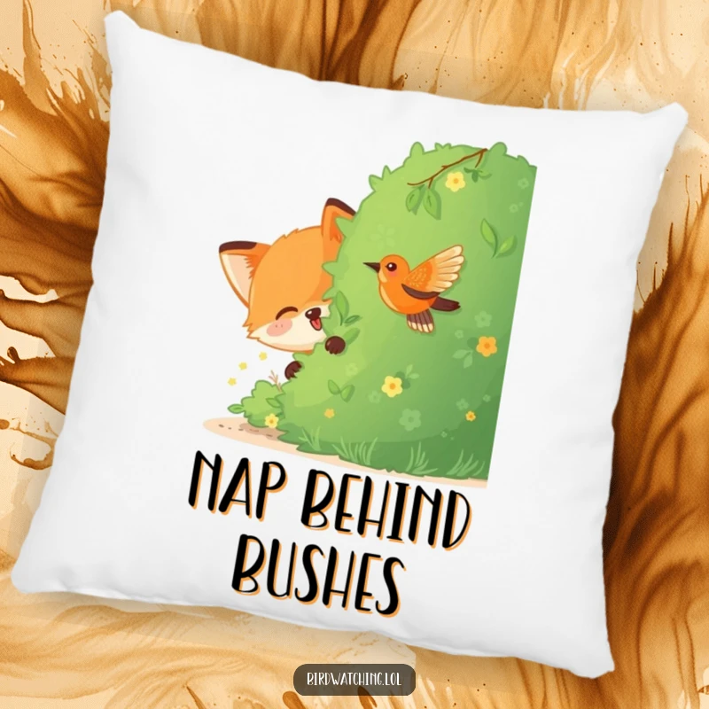 Funny Fox Pillow: A joyful fox hiding behind a bush, watching a bird, a soft and humorous decorative cushion.