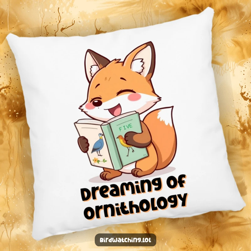 Funny pillow featuring a giggling fox nestled with a bird identification book, adding a touch of whimsical humor to any room.