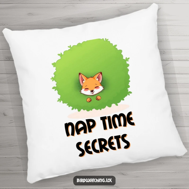 Funny decorative pillow featuring a giggling fox peeking out from behind a large bush, looking very amused.