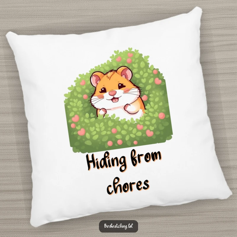 Funny giggling hamster pillow featuring a hamster peeking from a bush, offering comfort and a touch of playful, humorous charm.