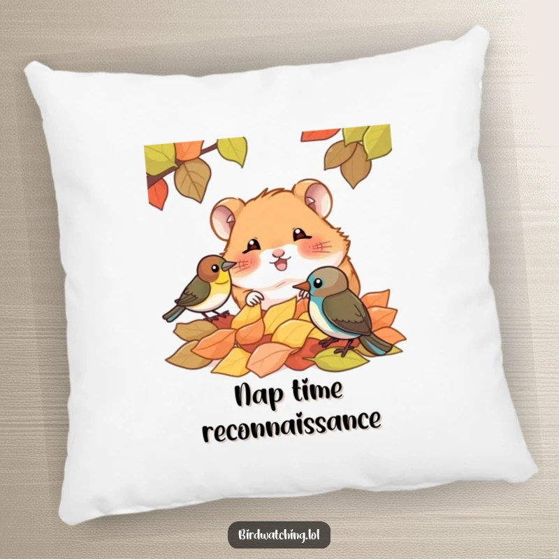 Funny pillow featuring a giggling hamster peeking from behind leaves at a bird, providing comfort and a touch of playful woodland decor.