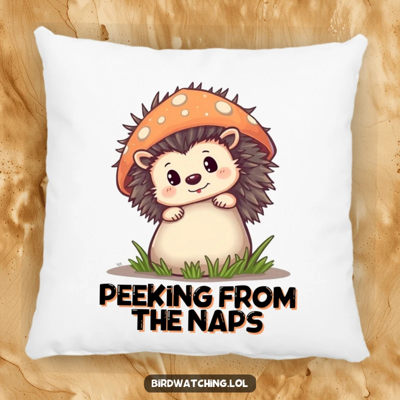 Funny Pillow featuring a curious hedgehog peeking from behind a mushroom, adding soft, charming humor to any cushion.