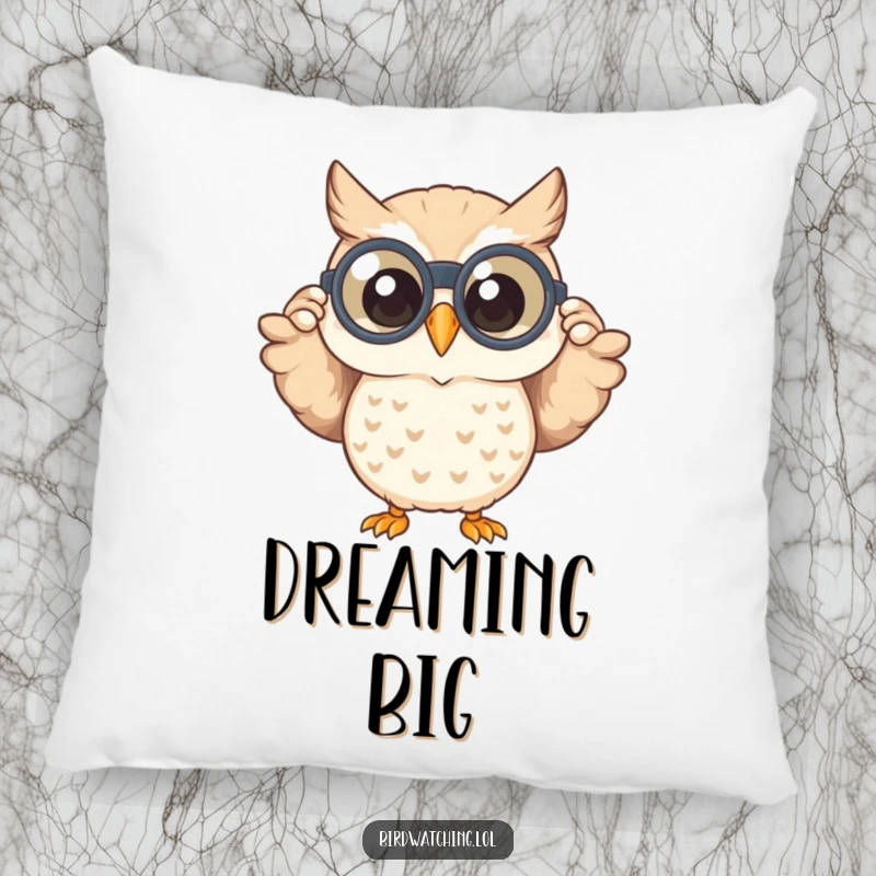 Funny pillow featuring a happy owl peeking through binoculars with a wide smile, offering soft comfort and a touch of whimsical humor.