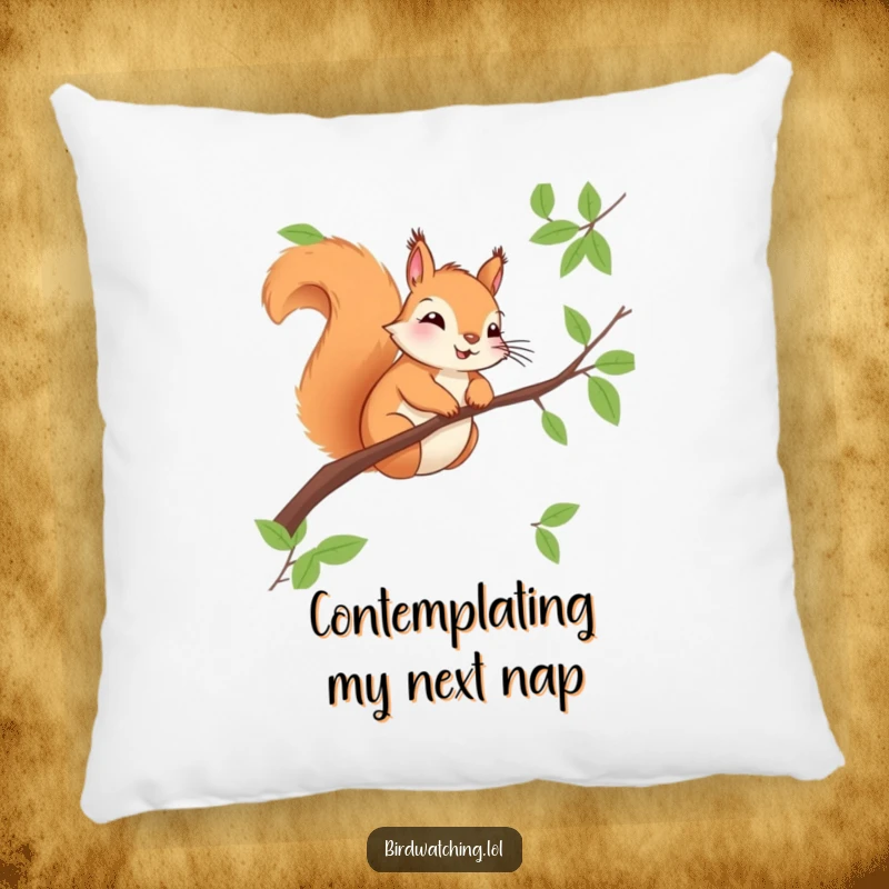 Funny squirrel pillow, perched on a branch, observing everything with a cheerful demeanor. Soft and decorative.