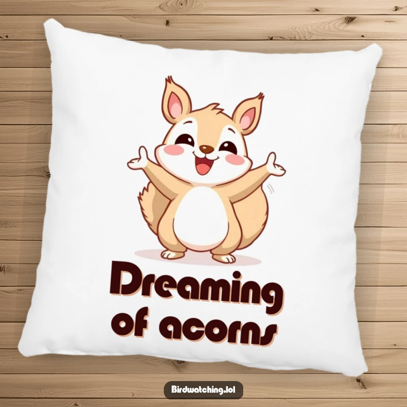 Funny squirrel pillow, cheerfully gesturing wildly towards the sky, a soft and humorous decorative piece.