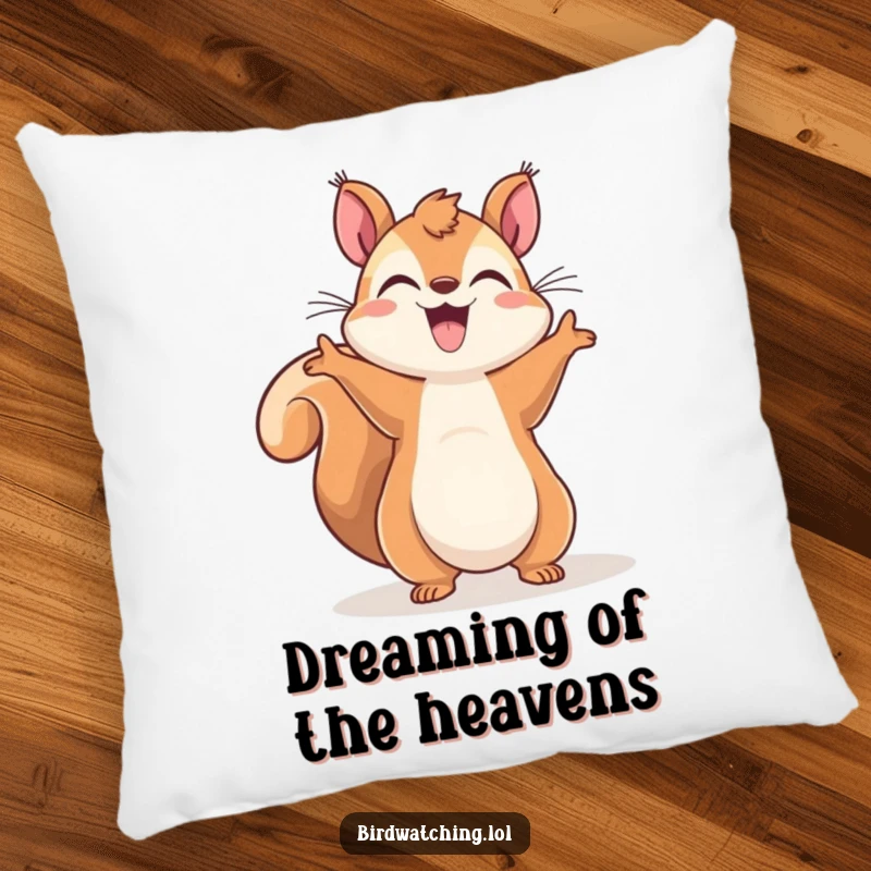 Funny Squirrel Sky-Gazer Pillow: Cheerful squirrel gesturing to the sky, comfortable and decorative, full of joy.