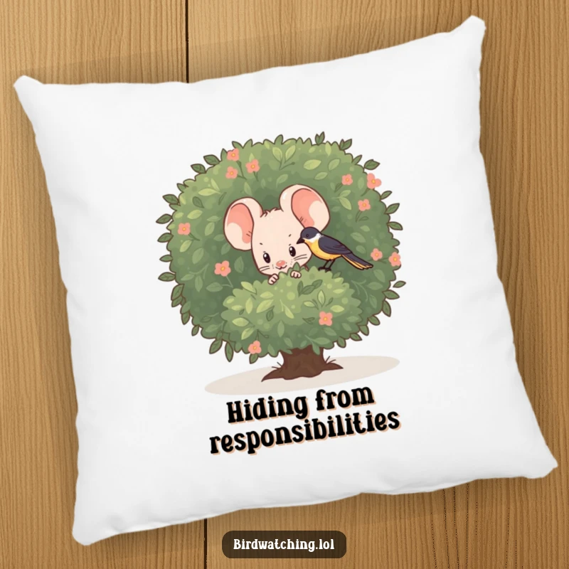 Funny shy mouse pillow, peeking out to observe a bird, offering comfort and endearing humor.
