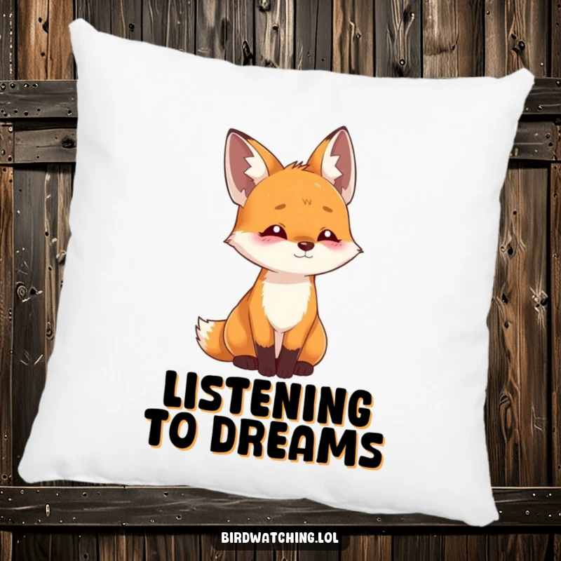 Funny playful fox pillow featuring a curious fox tilting its head, listening intently with an engaged expression, perfect for decor.
