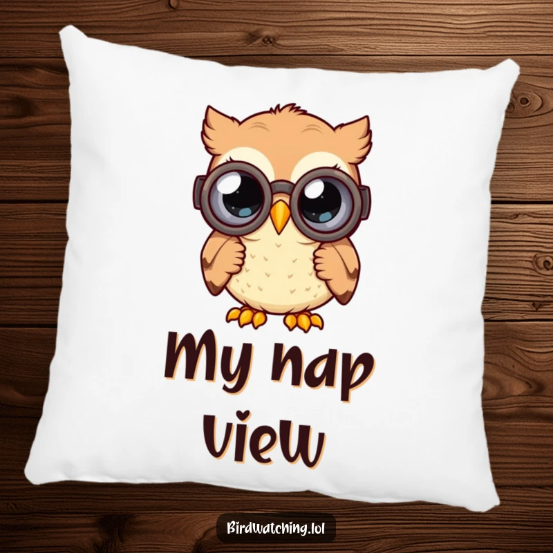 Funny curious owl pillow with a happy owl peering through binoculars with wide, curious eyes, soft humorous gift.