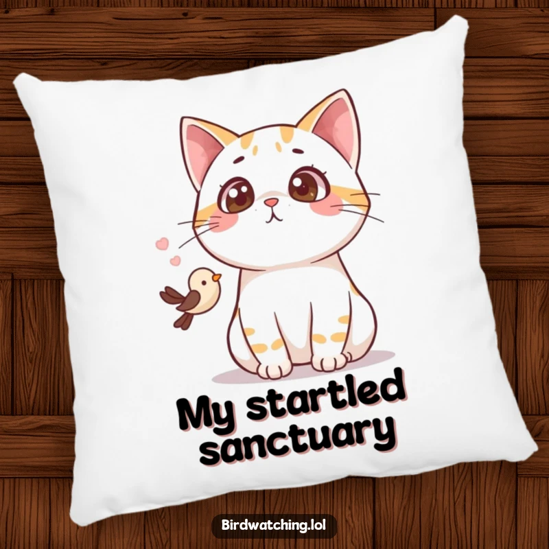 Funny surprised cat pillow, fluffy cushion showing a cat’s shocked gasp at a tiny bird, perfect for decoration.