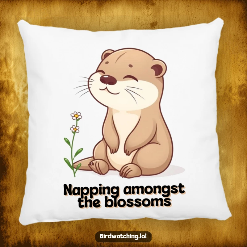 Funny otter pillow, content otter sitting, observing flower, soft and serene, great funny gift.