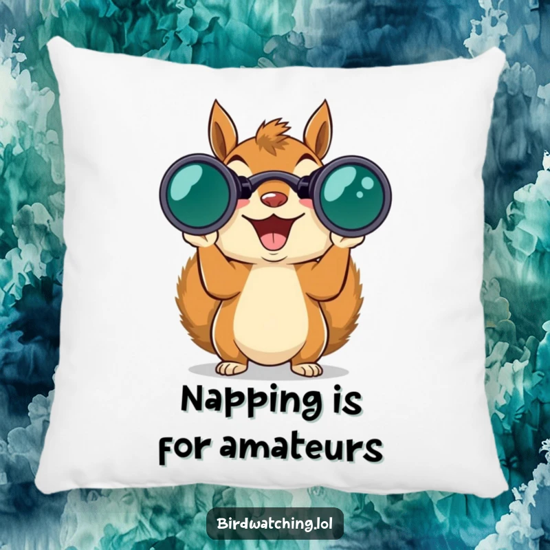 Funny squirrel peeking through binoculars, ready for wildlife spotting, comfortable decorative pillow.