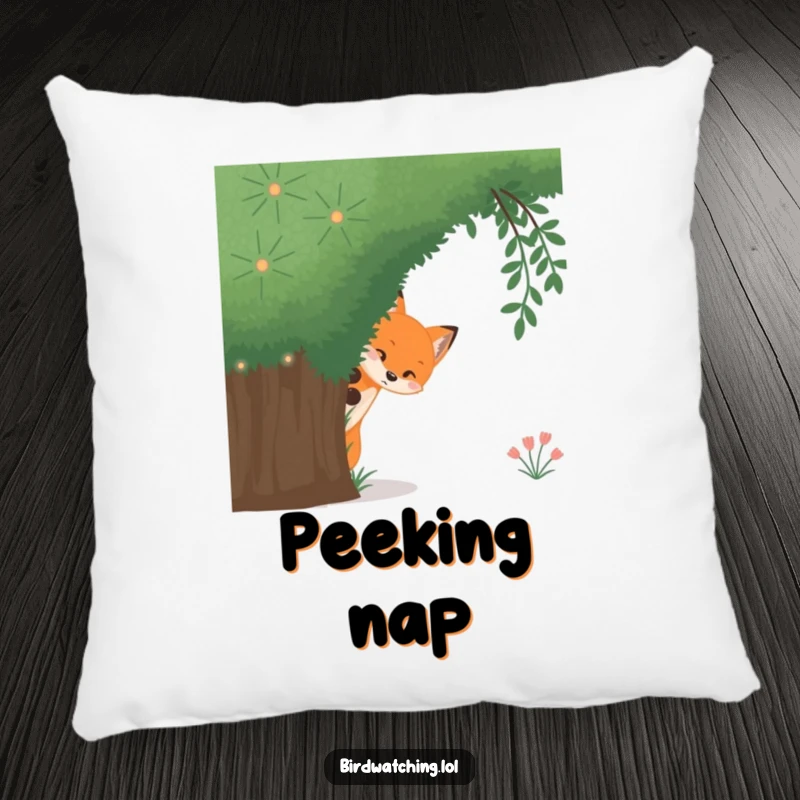 Funny curious fox pillow, a soft cushion depicting a fox peeking from behind a bush, ideal for comfort.