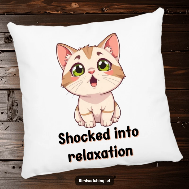 Funny surprised cat throw pillow, eyes wide with astonishment, looking upwards. Soft and humorous decor.